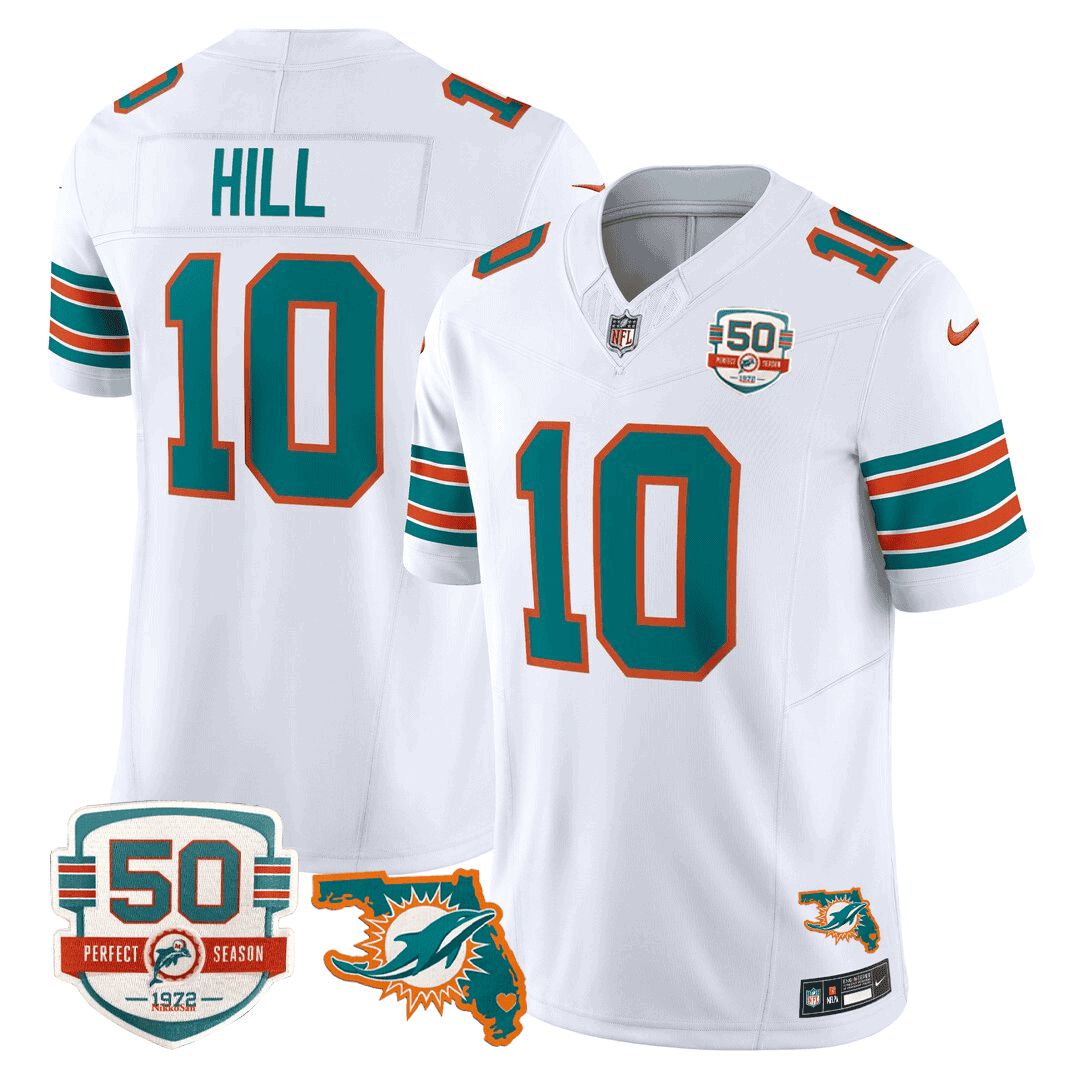 Men Miami Dolphins #10 Hill White 2024 Nike Throwback 50th Perfect Season Florida Patch Vapor NFL Jersey